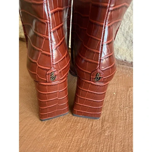 Sam Edelman RARE Raekel Croc-embossed Spiced Red Leather Block Heel Tall Boot 8M - Picture 7 of 11